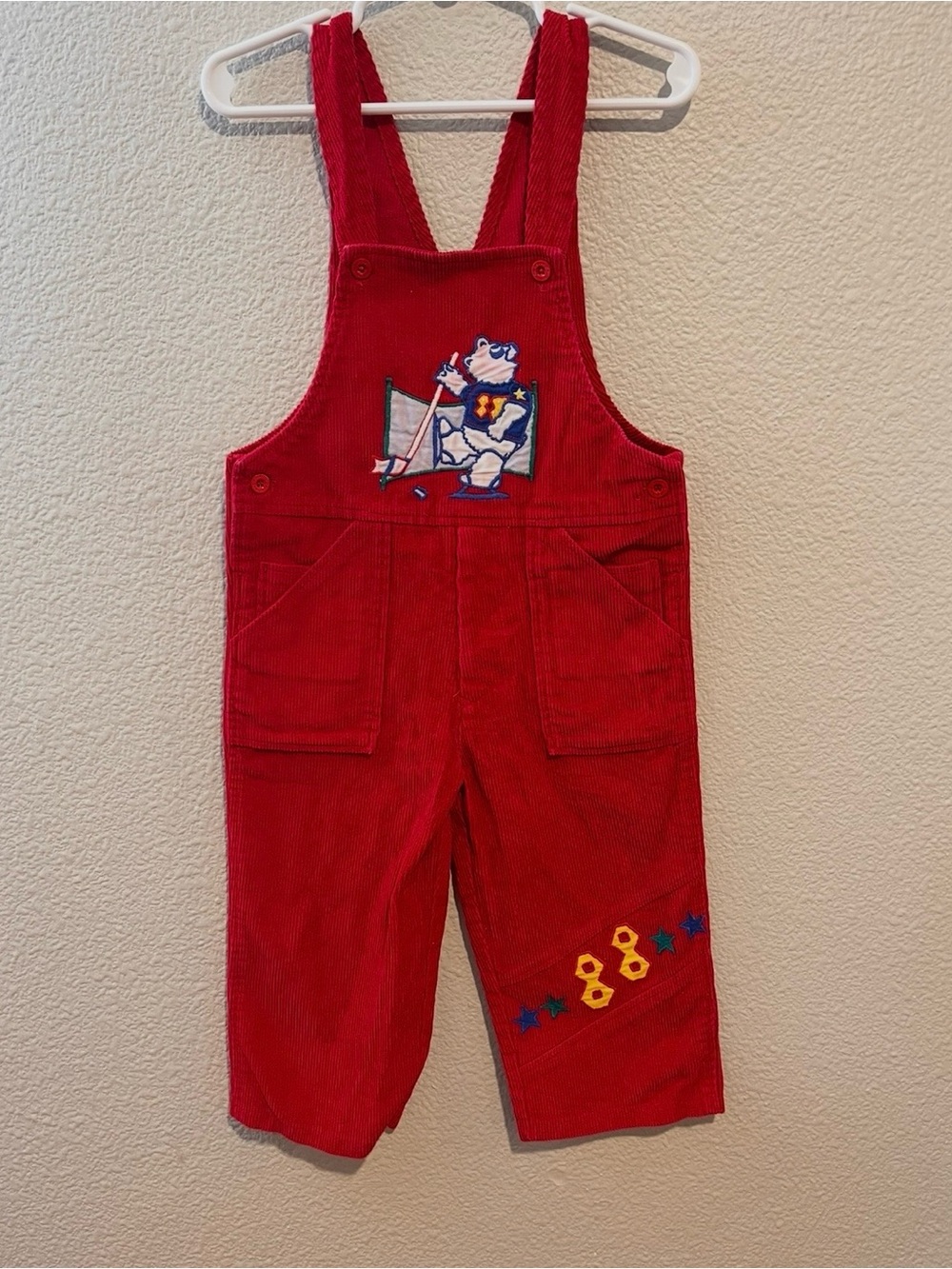Vintage Retro Happy Kids Toddler Boy Red Corduroy Hockey Bear Overalls 3T